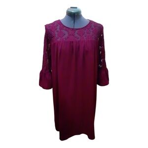 Pleione Dress MED Burgundy Shift Lace Neck 3/4 Ruffle Sl Lined Business Casual
